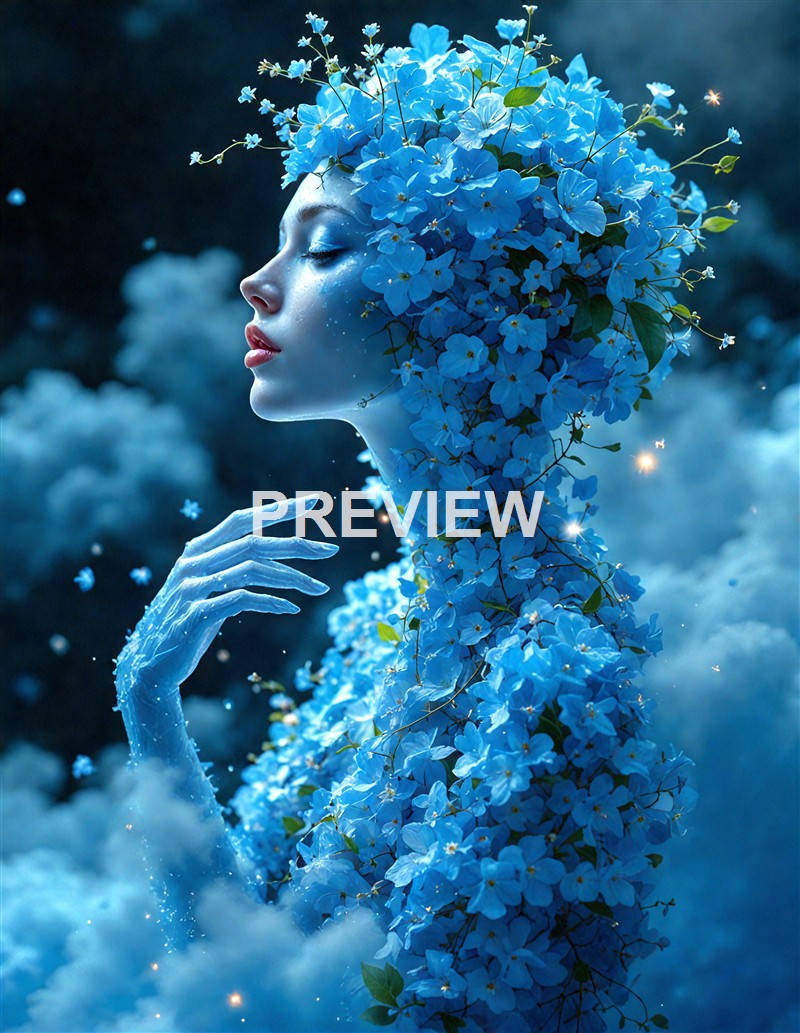 A surreal image of a woman with her head and body covered in blue flowers, with her hand raised near her face and a dreamy, cloudy background.
